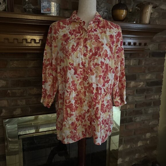 Cold water Pink Floral 100% Linen Blouse Size Medium Beach Or Cruise Wear - Picture 1 of 7